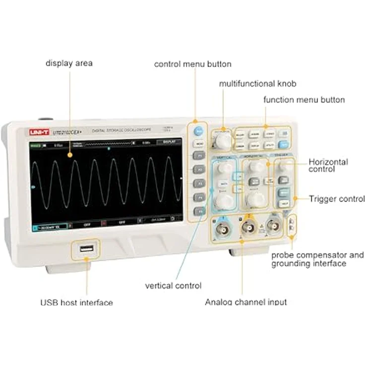 Uni-T UTD2102CEX+ Digital-Oszilloskop, 100MHz Bandbreite, 64 kpts Speicher, flexible Messungen mit automatischen Parameter-Funktionen – Bild 2