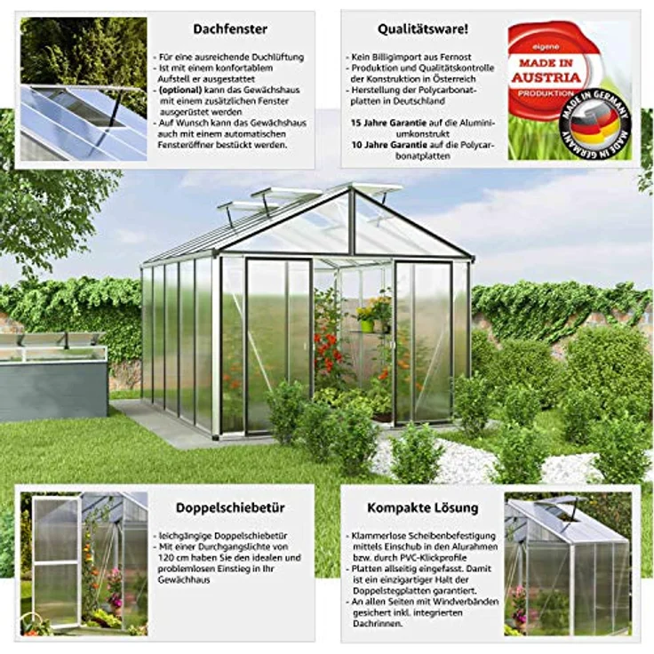 GFP Gewächshaus Asteria 23 Premium 311x385 cm mit integriertem Fundament, 16 mm Doppelstegplatten, Moosgrün – Bild 4