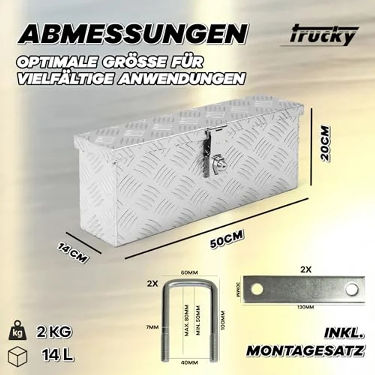 Trucky Truckbox D015, Aluminium, abschließbar, 50x14x20cm, robustes Riffelblech, inkl. Montagesatz für Werkstatt, Auto, Hobby – Bild 5