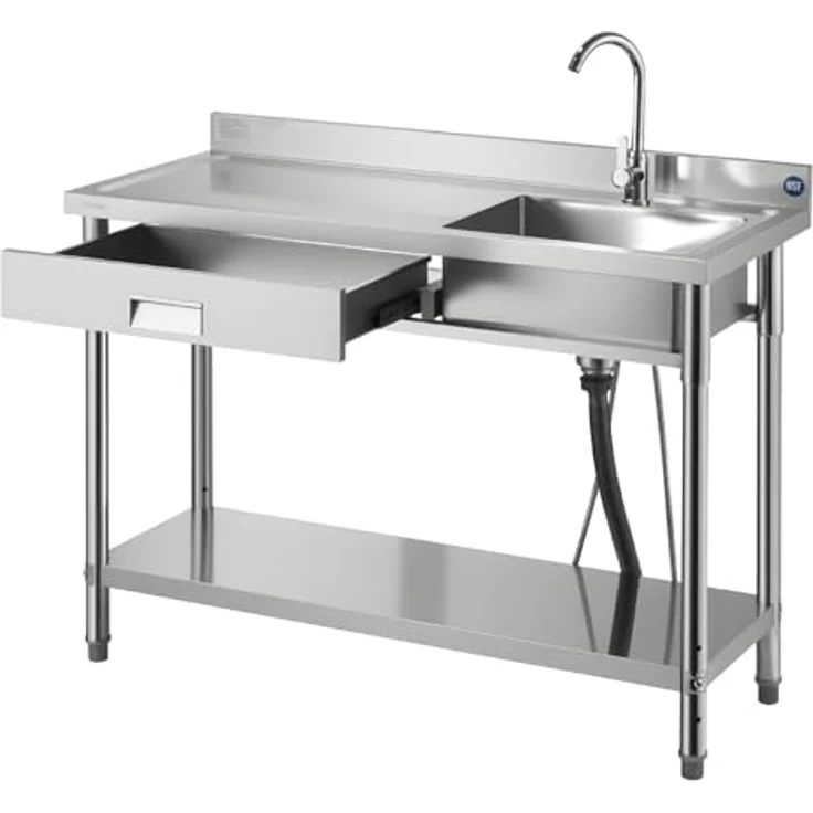VEVOR Spültisch Spülbecken Edelstahl (120 x 50 x 94 cm), 4 in 1 Multifunktionsdesign mit 360° Wasserhahn & Schublade, ideal für Garage, Restaurant und Außennutzung – Bild 9