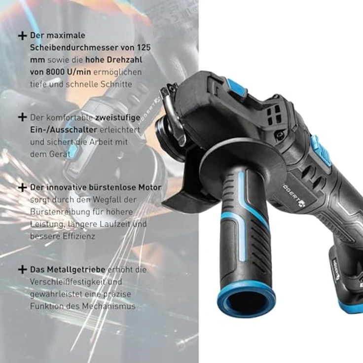 HÖGERT TECHNIK Akku-Winkelschleifer SET 18V, 125mm, Bürstenloser Motor mit 8000 RPM, inkl. 4,0 Ah Akku und Schnellladegerät, Überhitzungs- und Kurzschlussschutz, Ideal für Werkstätten – Bild 5