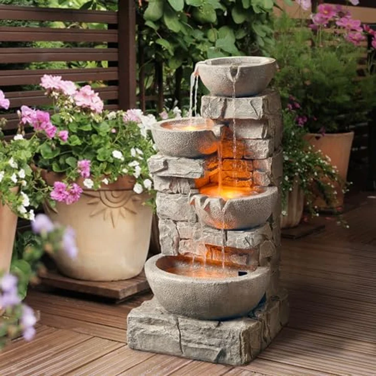 Teamson Home Gartenbrunnen Cascading Bowls, dreistufiges Wasserspiel mit LED-Leuchten, naturgetreue Steinoptik, 39,4 cm L x 38,7 cm B x 84,5 cm H – Bild 7
