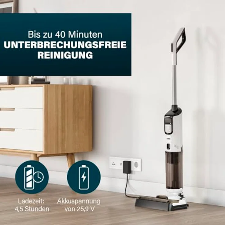 Princess AquaMotion Plus Bodenreiniger, 4-in-1 Saugen, Wischen & Trocknen, Kabellos, 50 Min Laufzeit, HEPA-Filter, Selbstreinigung, 170W, 75dB, Intelligentes Display, Dockingstation, Leicht, 337010 – Bild 5