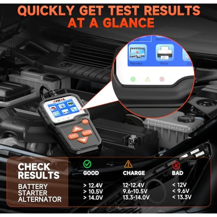 ANCEL BA301 Batterietester KFZ 6V/12V 100-2000 CCA Autobatterie Tester, Digitaler Autobatterie-Analysator für PKW LKW ATV SUV Boot Moto – Bild 4