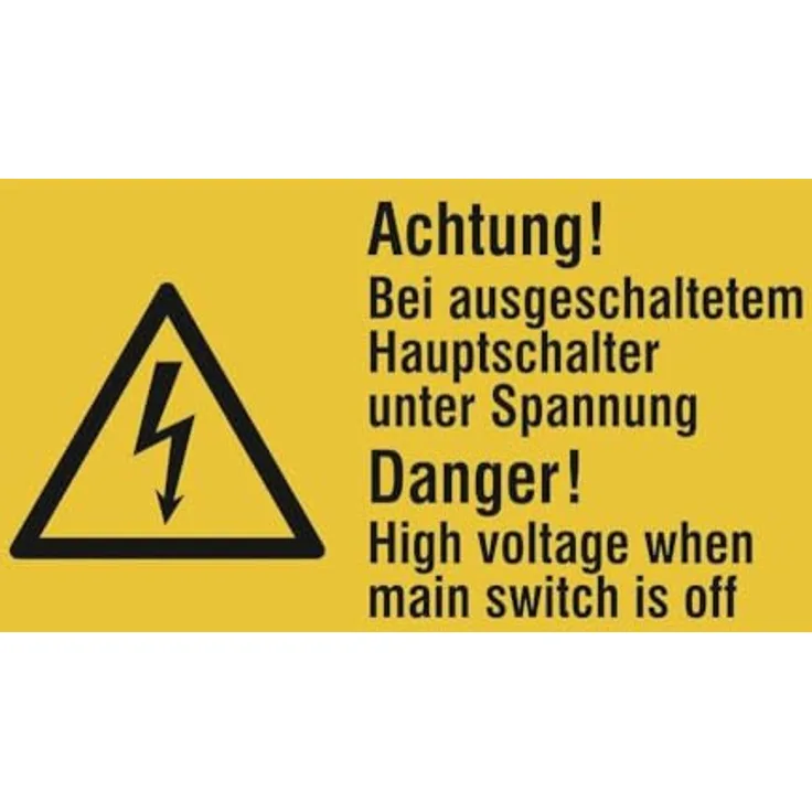 Betriebsausstattung24® Warnschild "Achtung! Bei ausgeschaltetem Hauptschalter!" 6,5x3,2cm, PVC für Innen- und Außeneinsatz