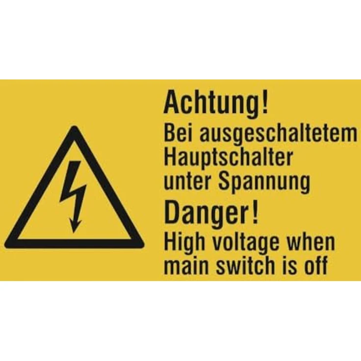 Betriebsausstattung24® Warnschild "Achtung! Bei ausgeschaltetem Hauptschalter!" 6,5x3,2cm, PVC für Innen- und Außeneinsatz