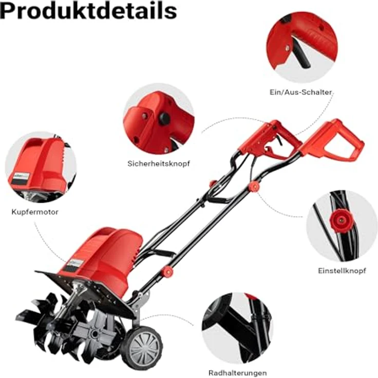 Wiltec - Elektro Gartenhacke mit 1500W Leistung, 200U-min Leerlaufgeschwindigkeit, 220mm Arbeitstiefe – Bild 7