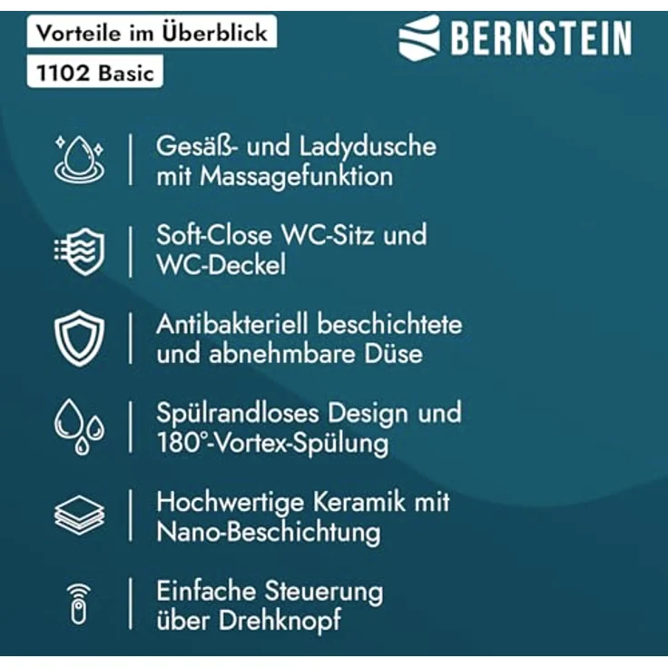 Bernstein Dusch-WC Basic 1102, spülrandlos, Edelstahl-Duscharm, Soft-Close, antibakterielle Düse, Weiß – Bild 8
