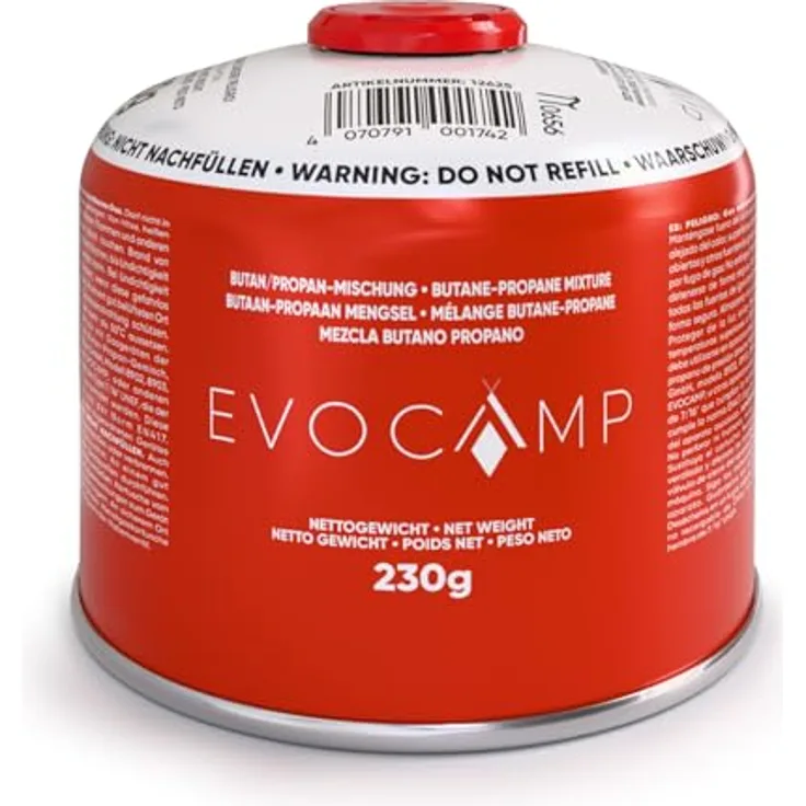EVOCAMP 1X Gaskartusche 230g mit Schraubventil, EN417 Schraubkartusche für Campingkocher und Gaslampen, Butan-Propan-Gemisch, Sicherheitsventil, Ø 10,6 cm