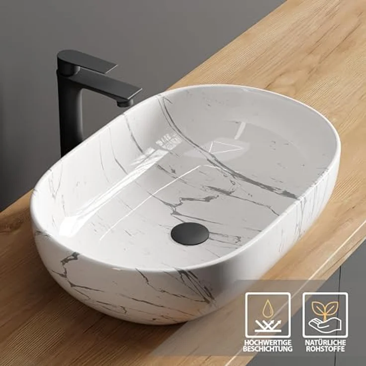 Planetmöbel Aufsatzwaschbecken Aquil Deluxe, 60 cm oval, marmor weiß, hochglänzend für Waschtisch – Bild 2