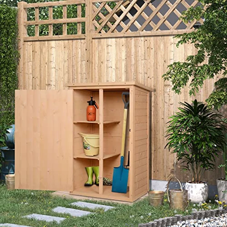 Outsunny Gartenhaus Gerätehaus Geräteschuppen mit Regalböden Geräteschuppen Lagerschuppen für Garten Tanne Naturholz 75 x 56 x115 cm – Bild 2