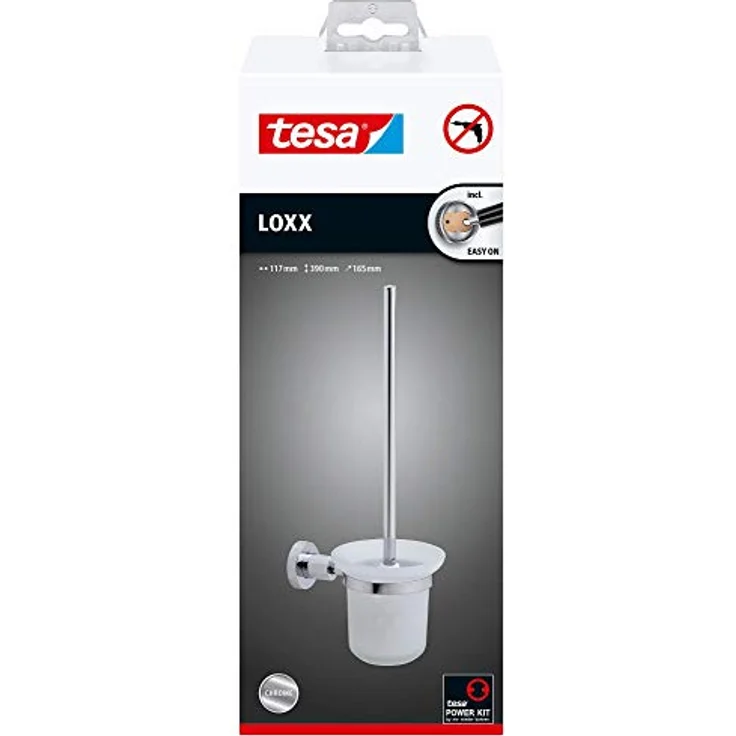 tesa LOXX WC-Garnitur, satiniertes Glas und verchromter Edelstahl - Toilettenbürsten-Set zur Wandbefestigung ohne Bohren, inkl. Klebelösung - 160 mm x 379 mm x 112 mm – Bild 3