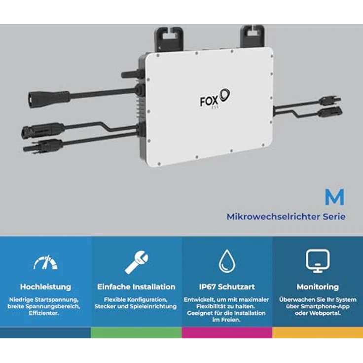 SUNNIVA Fox ESS Mikro-Wechselrichter M1-800-E, 800 W für Balkonkraftwerk, IP67 wetterfest, Plug-&-Play, 2 MPPT, Bluetooth & WiFi, inkl. 5 m Anschlusskabel & 4x 1 m Solar-Verlängerungen – Bild 5