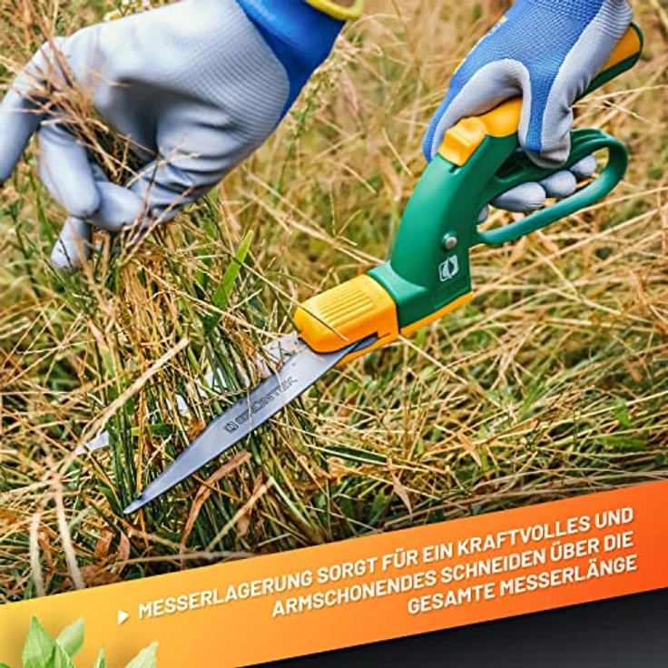 GRÜNTEK SEGLER Teflon Rasenschere, 360° drehbarer Schneidekopf, 380 mm, ergonomische Griffe, Anti-Haft beschichtete Klingen, Grasschneider mit Handschutz – Bild 4
