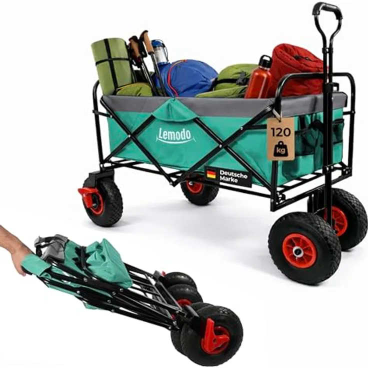 Lemodo Bollerwagen Faltbar mit Luftreifen, 120 kg Tragkraft, klappbarer Handwagen in grün-grau für Strand, Camping & Garten
