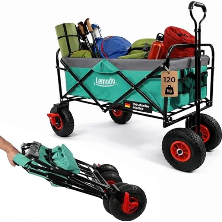 Lemodo Bollerwagen Faltbar mit Luftreifen, 120 kg Tragkraft, klappbarer Handwagen in grün-grau für Strand, Camping & Garten – Bild 1