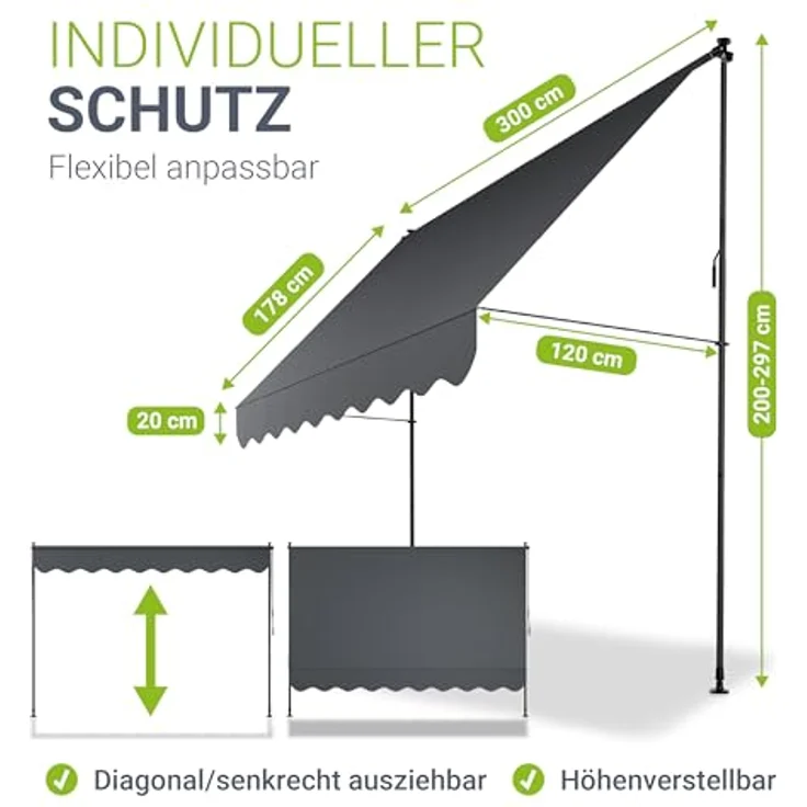 Juskys Klemmmarkise Kapstadt 300x120 cm - Höhenverstellbar, UV-beständig, Wetterfest & Sichtschutz - Terrassenüberdachung Grau – Bild 5