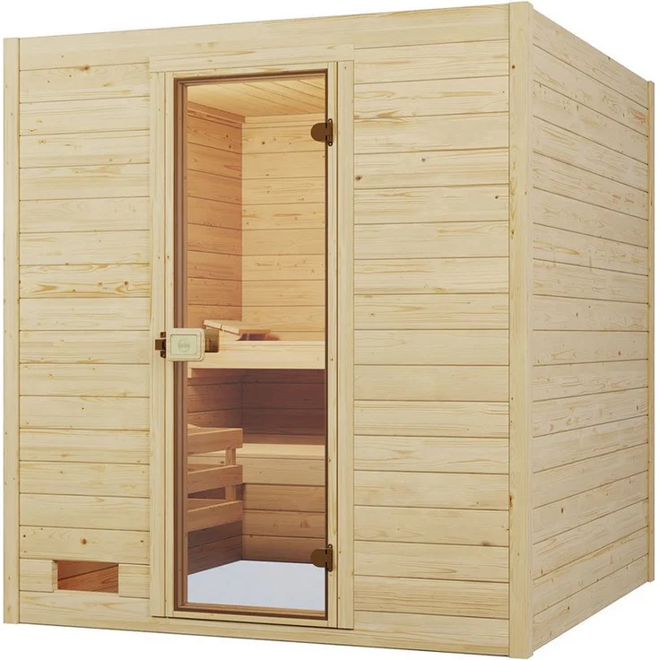 Weka Sauna Massivholzsauna VALIDA 3, 189 x 189 x 203,5 cm, Blockbohlen, moderne Ganzglastür, naturbelassenes Fichtenholz