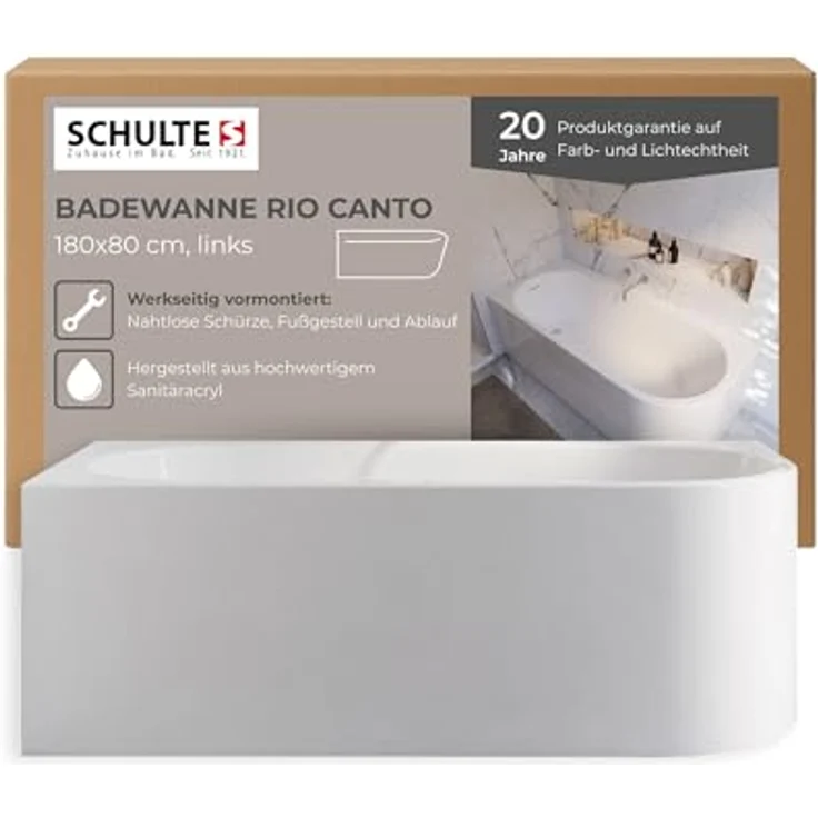 Schulte Rio Canto Badewanne, 180x80 cm Sanitäracryl Weiß, Komplett-Set mit Fußgestell, Schürze und Ablaufgarnitur – Bild 1