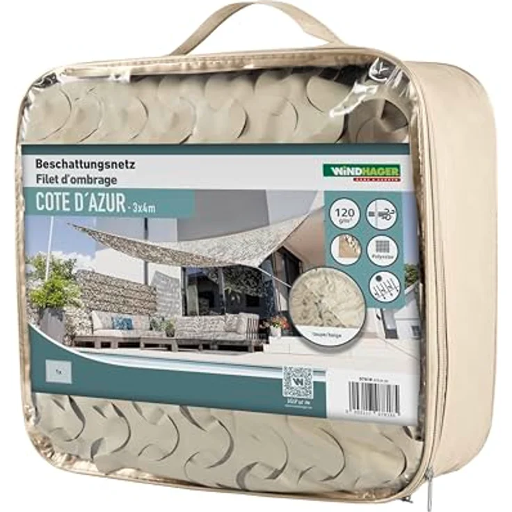 Windhager Beschattungsnetz COTE D´Azur, 3 x 4 Meter, Beige/Taupe, UV-stabilisiert, witterungsbeständig, einfach zu montieren, ideal für Terrasse, Balkon und Garten – Bild 1