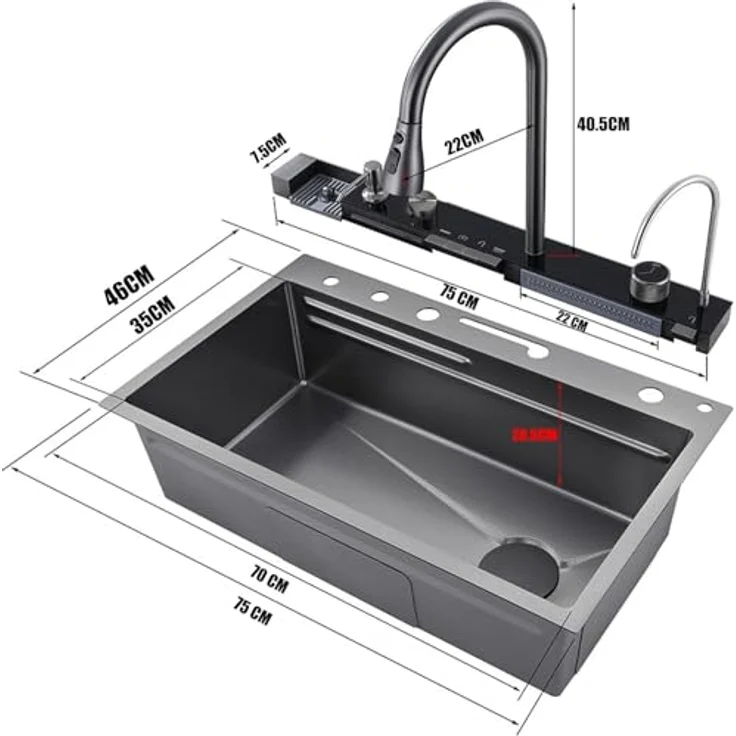 Faizee Home Küchenspüle Nano Innovative Wasserfall Geschirrspülbecken 75 x 46 cm mit Armatur, Graphit – Bild 2