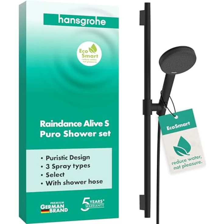 hansgrohe Raindance Alive Select S, Doucheset mit 125 mm wassersparendem Duschkopf, drei Strahlarten und mattschwarzer Optik – Bild 1