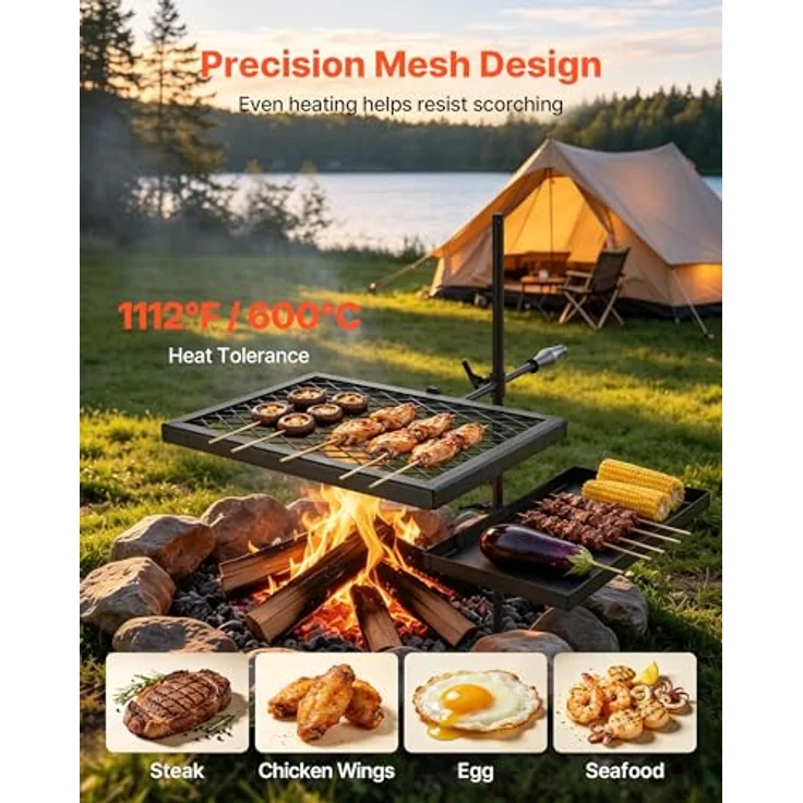 VEVOR Schwenkgrill KJ001, 360° Höhenverstellbarer Lagerfeuergrill aus Kohlenstoffstahl mit Grillrost, drehbar für Outdoor und Camping – Bild 4