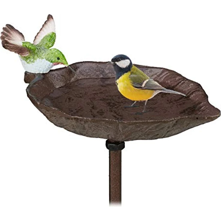 Relaxdays Gusseisen Vogeltränke zum Stecken, mit Erdspieß, Gartendeko, Vogelfutterstelle, Wasserschale, 1 m hoch, braun – Bild 1