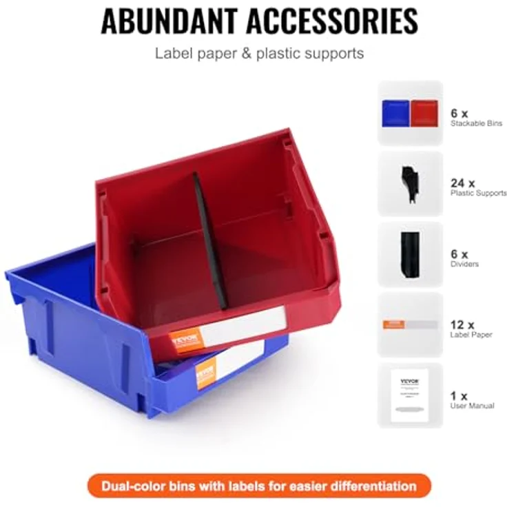 VEVOR Stapelboxen 6er-Set Sichtlagerboxen Blau/Rot 137x105x78mm PP Lagerboxen für Werkstatt Büro Garage – Bild 5