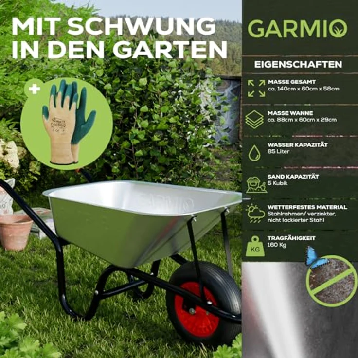 GARMIO Schubkarre, verzinkte Bauschubkarre 85 Liter, 5 Kubik Fassungsvermögen, Gummireifen 16 Zoll, Gartenkarre bis 160 kg, Silber – Bild 4