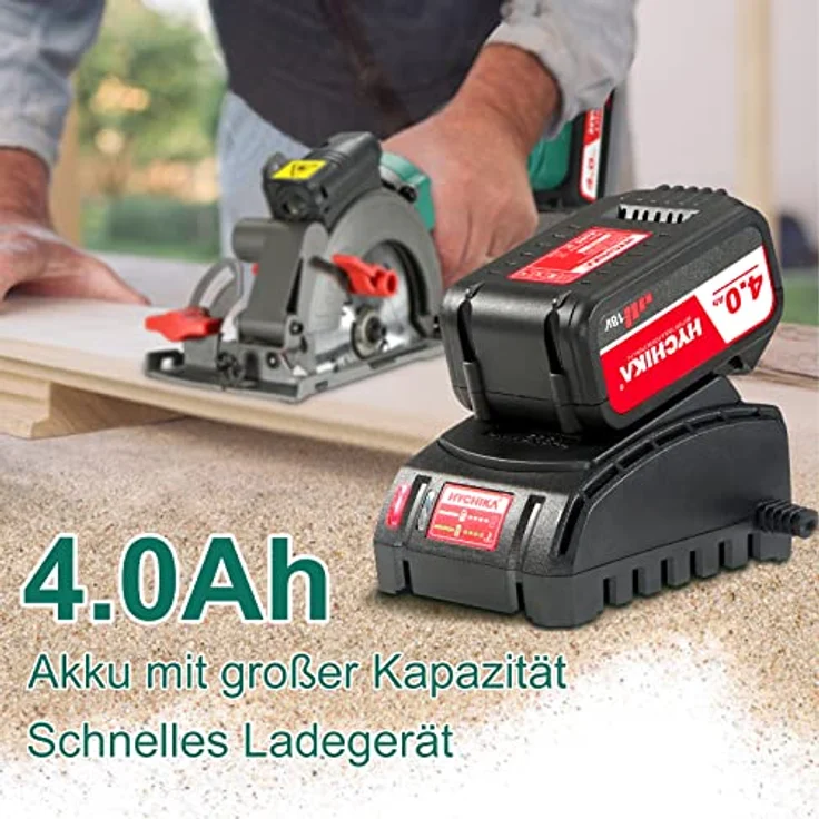 Handkreissäge 18V, HYCHIKA Kreissäge mit 4,0Ah Akku 3500U mit 3 Sägeblättern (115 & 125mm), Laserführung & führungsschiene, Max Schnitttiefe 48mm(90°)/32mm(45°), Mini Kreissäge für Holz, Weichmetall – Bild 4
