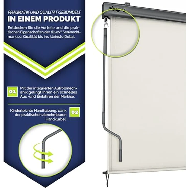tillvex Senkrechtmarkise 250 x 160 cm aus Aluminium, wasserfest, mit Handkurbel | Balkonrollo Sonnenschutz & Sichtschutz, anthrazit – Bild 3