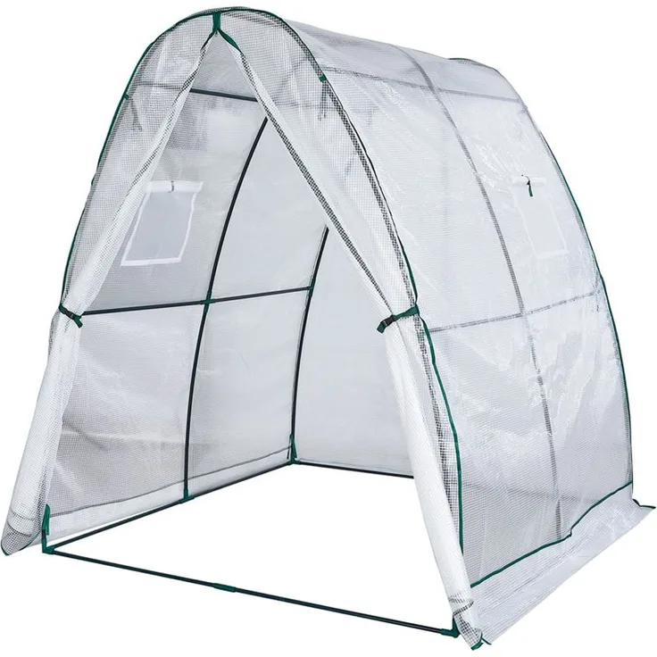 Powertec Garden Tomaten-Gewächshaus, Foliengewächshaus mit 1 Tor und 2 Fenstern, transparent mit grünen Akzenten, UV-beständige Folie, stabile Metallkonstruktion