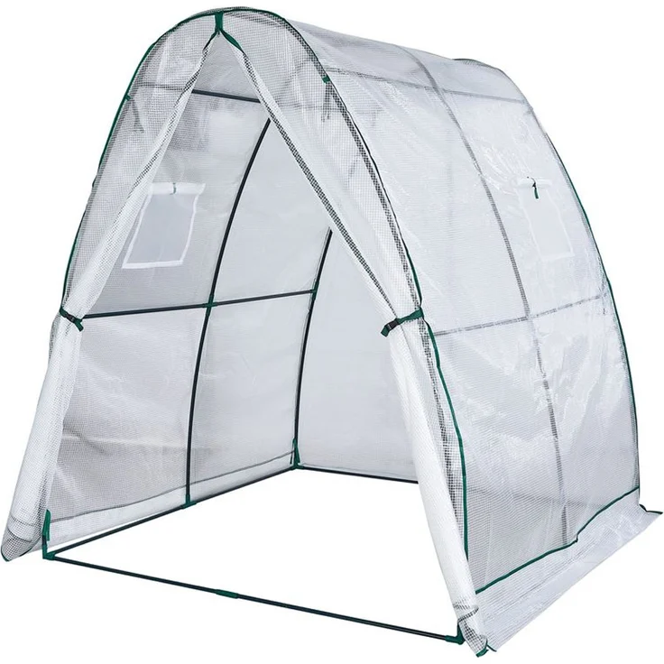 Powertec Garden Tomaten-Gewächshaus, Foliengewächshaus mit 1 Tor und 2 Fenstern, transparent mit grünen Akzenten, UV-beständige Folie, stabile Metallkonstruktion