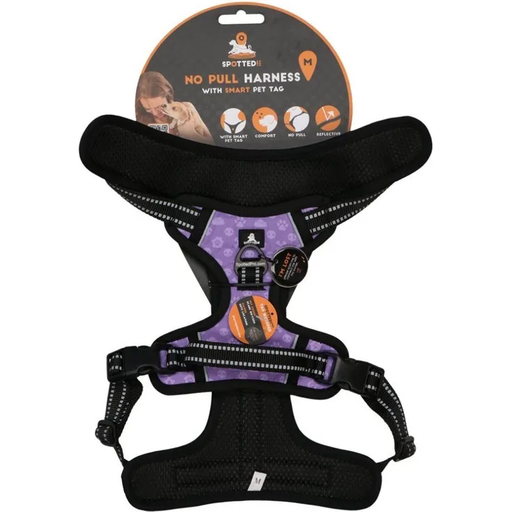 Spotted! Pro Hundeleine Geschirr Lila M, NO-Pull Geschirr mit verstellbaren Punkten und digitaler Hundemarke