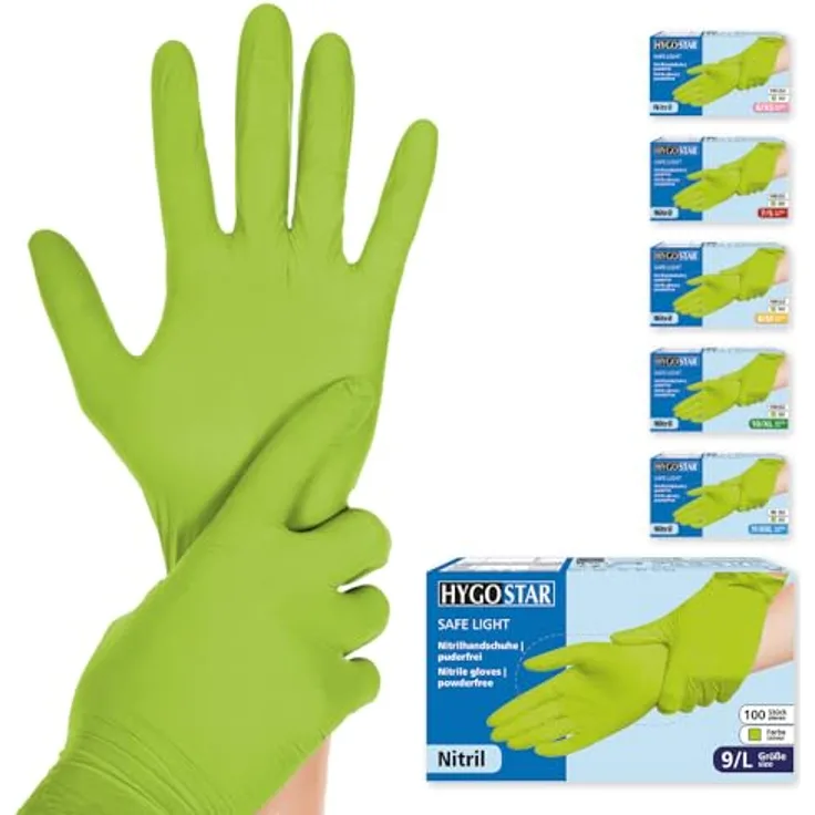 FRANZ MENSCH Hygostar Nitrilhandschuhe Safe Light | puderfrei, grün, 9/L, 24cm, 100 Stück, Einmalhandschuhe
