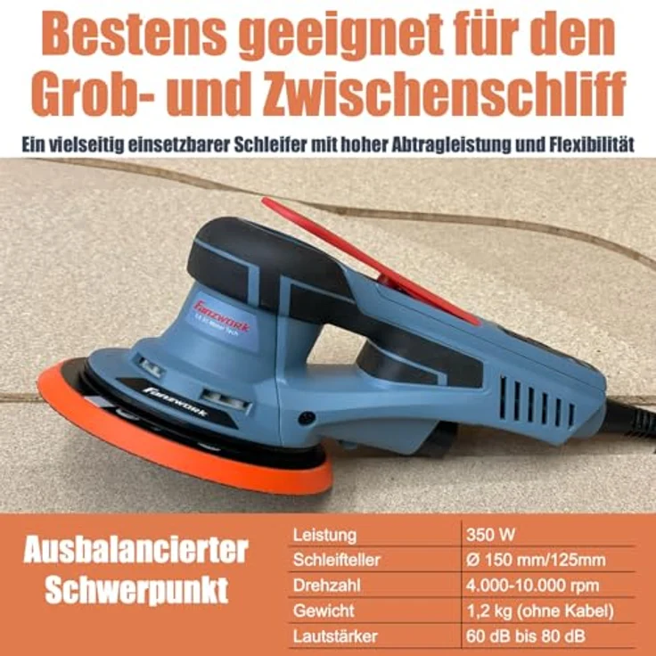 FANZTOOL FANZWORK Bürstenloser Exzenterschleifer HG0024, 125mm/150mm Schleifteller, 5mm Schleifhub, 7-Stufige Drehzahlregelung bis 10.000 U/min, Tellerbremse, Tragkoffer mit 18x Schleifgitter – Bild 5