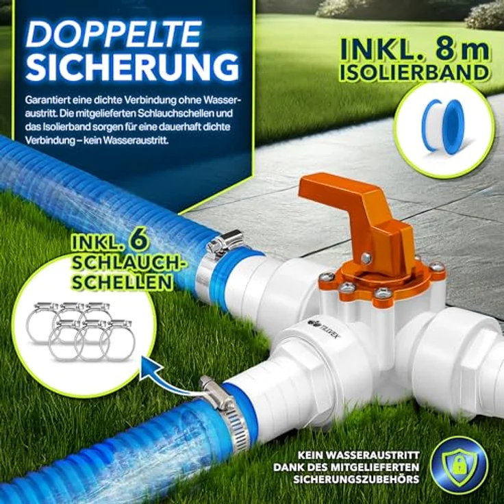 tillvex Bypass Set Pool 12-TLG, Ø32 & 38 mm Anschluss, 3-Wege-Ventil, ABS-Adapter, rostfreie Schlauchschellen, ideale Lösung für Solarheizung und Wärmepumpe – Bild 2