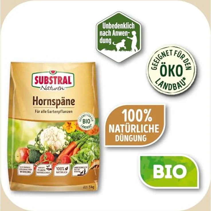 Substral Naturen Bio Hornspäne, 5kg Organischer Dünger, Nährstoffreich und Chloridarm für Garten und Balkon, grün – Bild 4