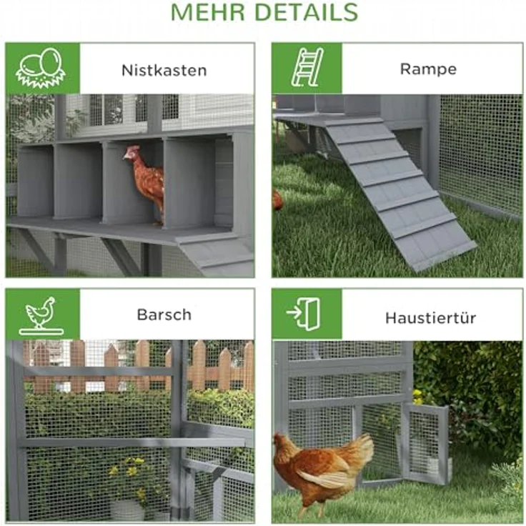 PawHut Hühnerstall Freilaufgehege aus Holz, 280 x 185,5 x 188 cm, mit Tür, Nistkasten, Dach und Rampe, für 8-12 Hühner, grau – Bild 8