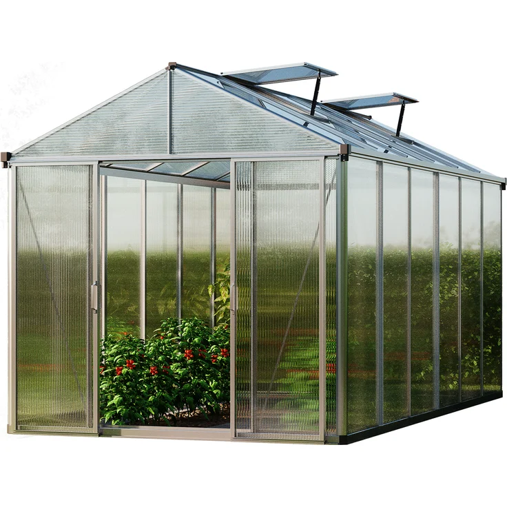 GFP Gewächshaus TITAN 24, Aluminium 222x437 cm mit 10 mm Doppelstegplatten, 4 Zusatzfenstern und automatischen Fensteröffnern