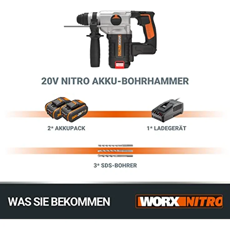 WORX WX380 Akku BohrhammerBürstenloses 20V Werkzeug zum Bohren Ladegerät & Koffer Hammerbohren & Mei – Bild 6