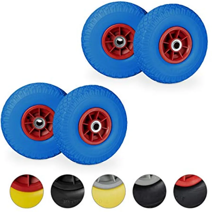 Relaxdays 4 x Sackkarrenrad, pannensichere Vollgummireifen, 3.00-4 Zoll, 20 mm Achse, bis 80 kg, Ersatzrad 260 x 85 mm, blau-rot