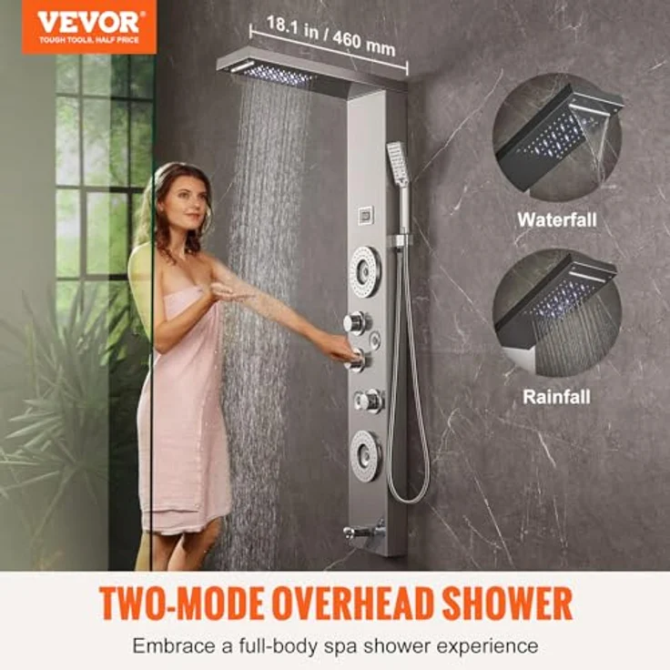 VEVOR Duschpaneelsystem 6-in-1, LED-Display, Regenfall, Wasserfall, 4 Körpermassagedüsen, Wandmontiertes Duschset mit 59-Zoll-Schlauch – Bild 2