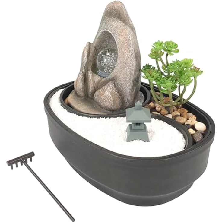Lemodo Zimmerbrunnen Tischbrunnen mit Zen-Garten, Pumpe mit LED-Beleuchtung und Miniatur-Rechen, Polyresin, LED-Beleuchtung, inklusive Kieselsteine, Splitt (Buddha) – Bild 6