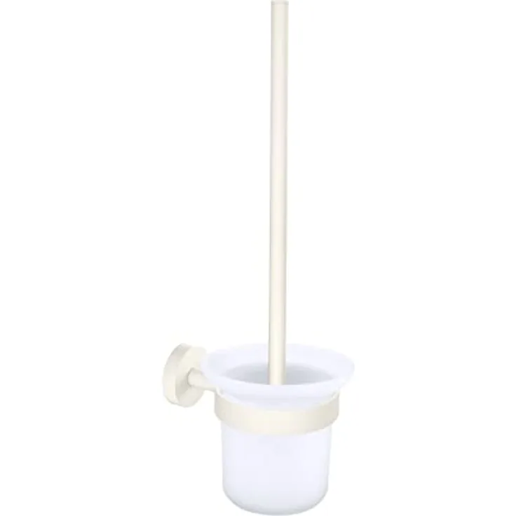 tesa MOON WHITE WC-Garnitur, Set mit Halter & WC-Bürste, matt weiß, satiniertes Glas - für Bäder im Industrial Style und moderne Badezimmer - bohrfrei, inkl. Klebelösung - 379 mm x 112 mm x 145 mm