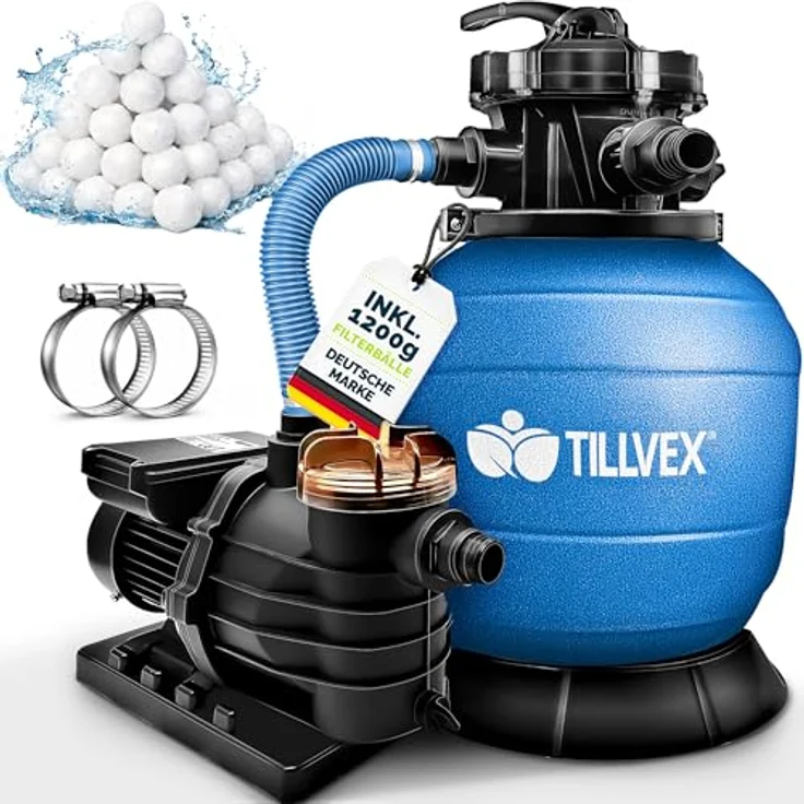 tillvex Sandfilteranlage 13.200L/h, selbstansaugend mit 1200g Filterbällen, 7-Wege Ventil & 2in1 Adapter Ø32-38mm für Pools bis 40.000L – Bild 1