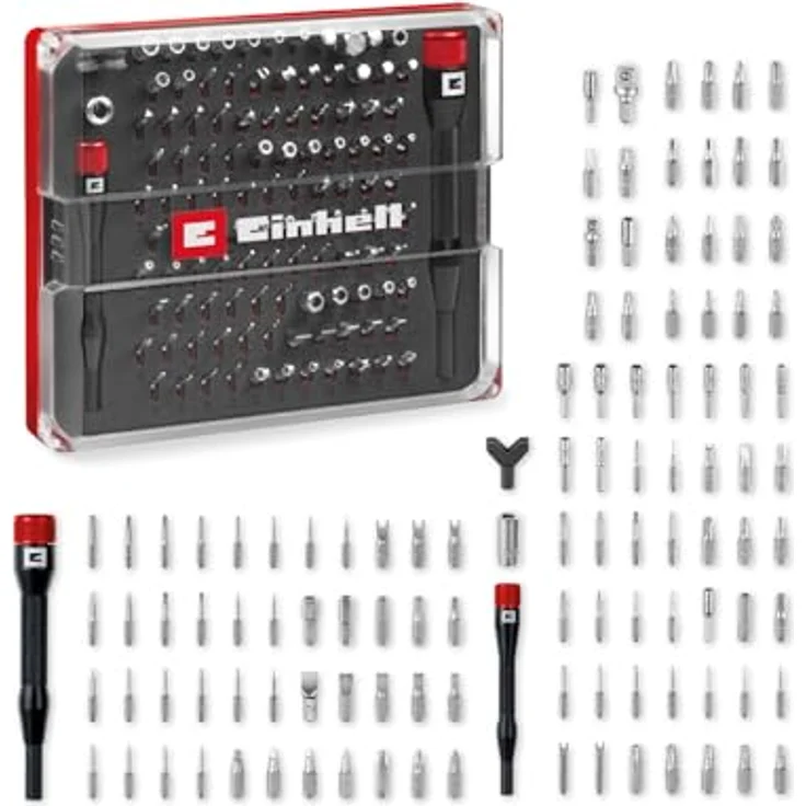 Einhell Präzisionsbit-Set 114-teilig, inklusive 28-mm- und 25-mm-Bits, mit Aluminium-Bithaltern und Adapter, Magnetverschluss-Box – Bild 1