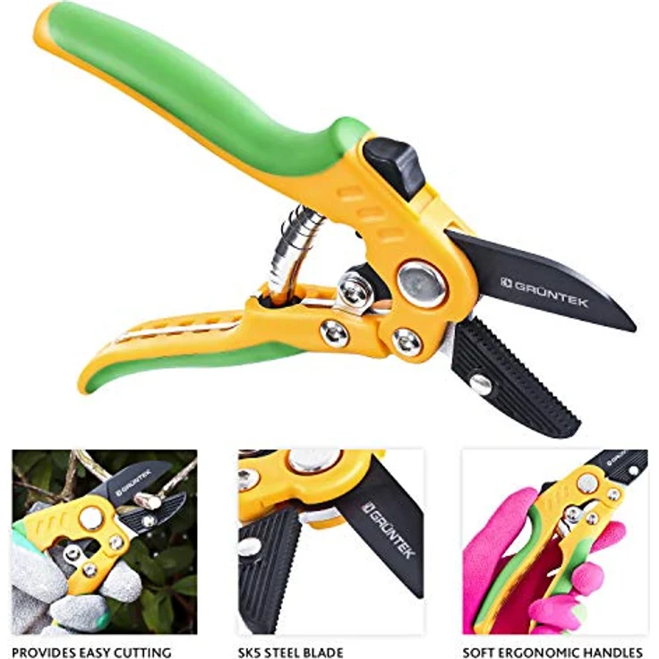 GRÜNTEK Amboss Gartenschere STAR, 220 mm, SK5 Klinge Teflon-beschichtet, ergonomische Soft-Touch Griffe, Einhand-Schnellverschluss, bis Ø 20 mm – Bild 4