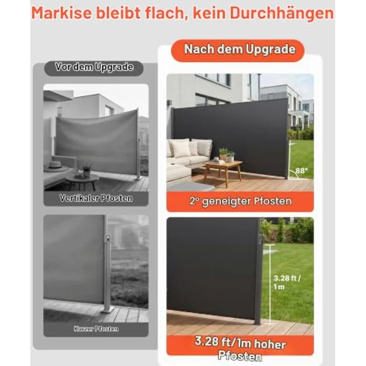 VEVOR Ausziehbare Seitenmarkise 185x420 cm, Polyestergewebe 180 g/m², Wandmarkise mit Sonnenschutz, Sichtschutz und Windschutz, grau – Bild 3